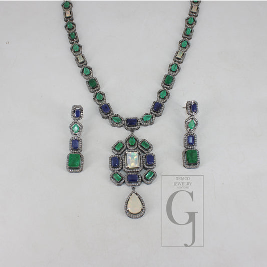 Beautiful Emerald, Kyanite , Opal Necklace Rosecut Pave Diamond Necklace Handmade 925 Sterling Silver Finish Diamond Necklace Earring