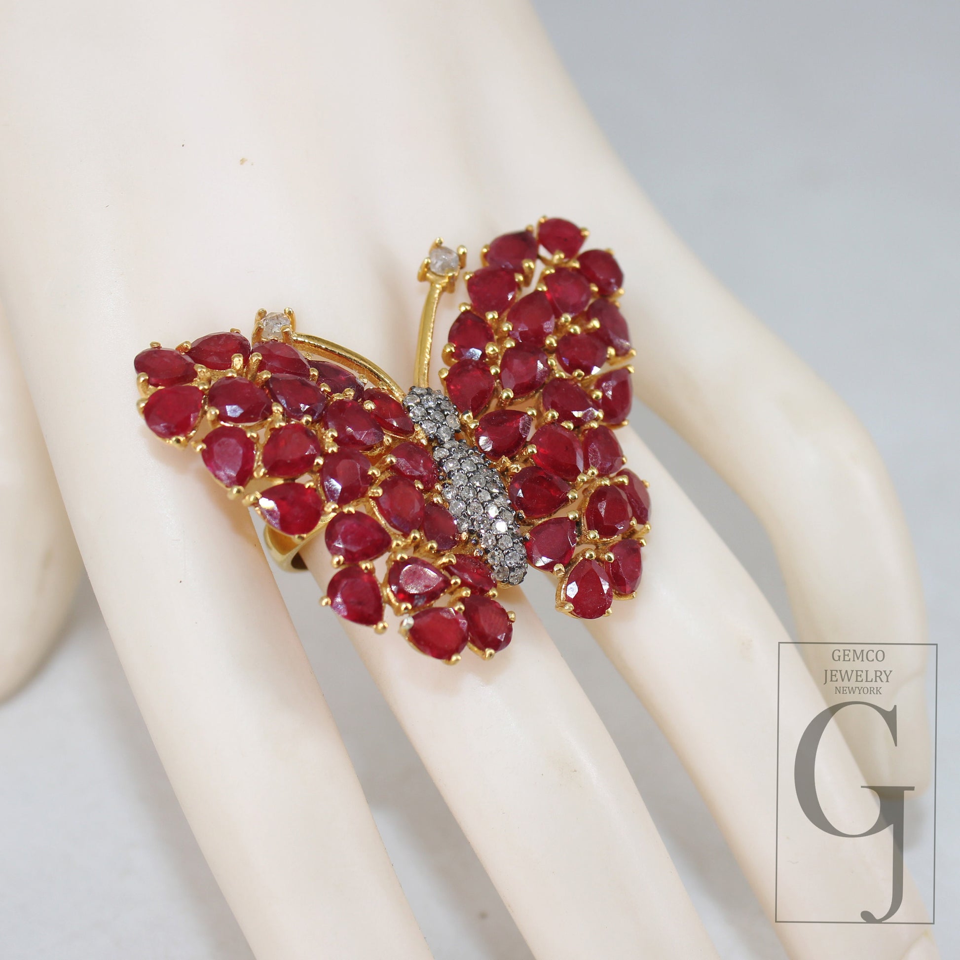 Beautiful 14k Gold Finish Butterfly Designer Ruby Ring Rosecut Pave Diamond Ring 925 Sterling Silver Handmade Finish Diamond Ring