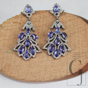 Beautiful Designer AA Natural Tanzanite Earring Rosecut Pave Diamond Earrings 925 Sterling Silver Handmade Silver Finish Diamond Earring