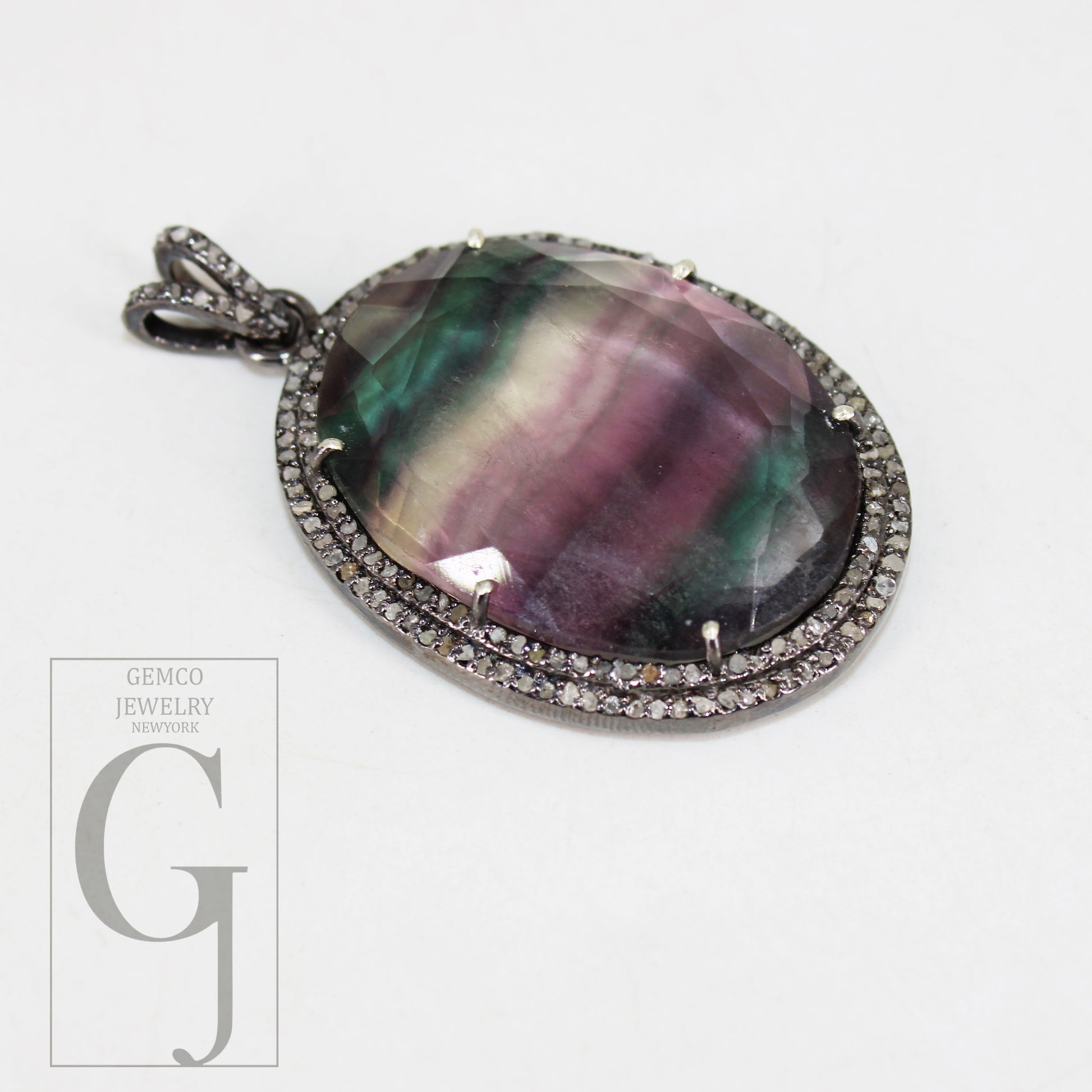 One of a kind Fluorite pendant designer Rosecut pave diamond pendant 925 sterling silver handmade finish diamond charms necklace pendant