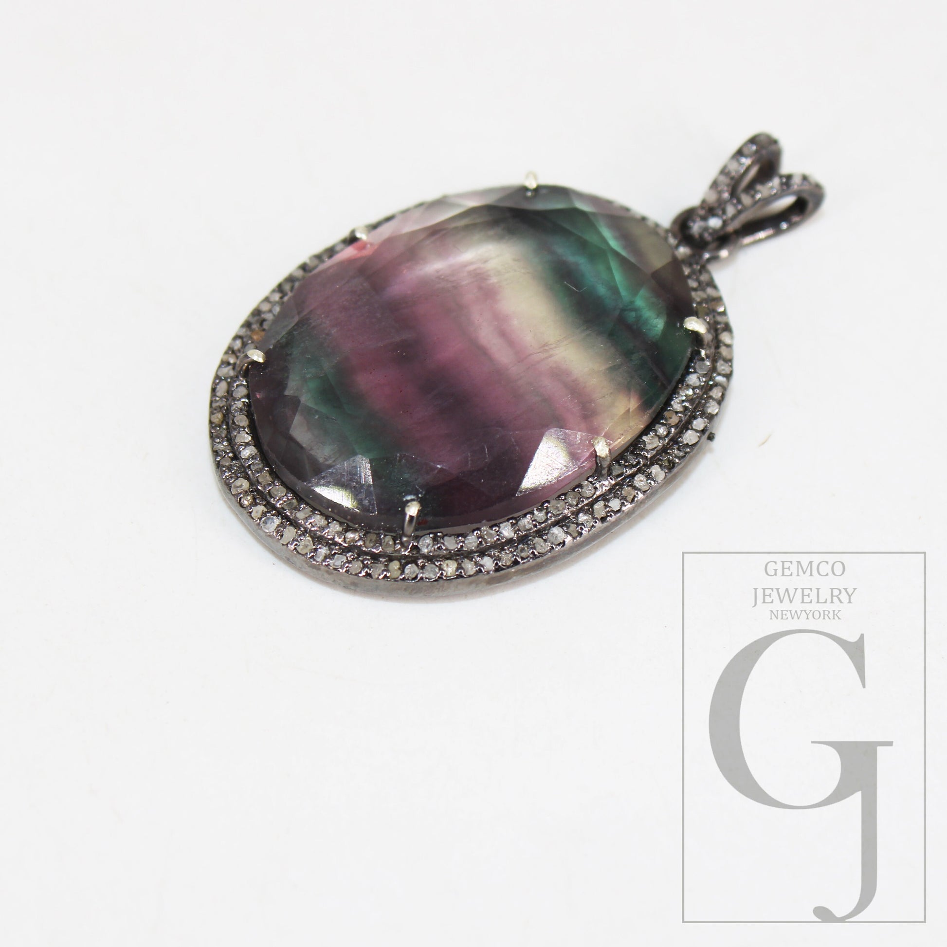One of a kind Fluorite pendant designer Rosecut pave diamond pendant 925 sterling silver handmade finish diamond charms necklace pendant