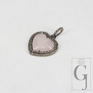 Heart shape Rose quartz pendant designer Rosecut pave diamond pendant 925 sterling silver handmade finish diamond charms necklace pendant
