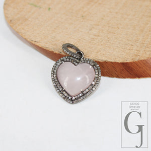 Heart shape Rose quartz pendant designer Rosecut pave diamond pendant 925 sterling silver handmade finish diamond charms necklace pendant
