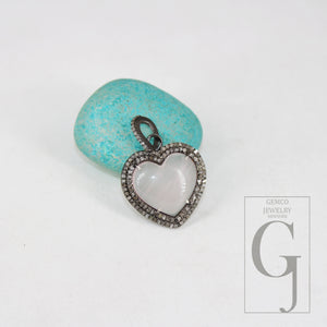 Heart shape Rose quartz pendant designer Rosecut pave diamond pendant 925 sterling silver handmade finish diamond charms necklace pendant