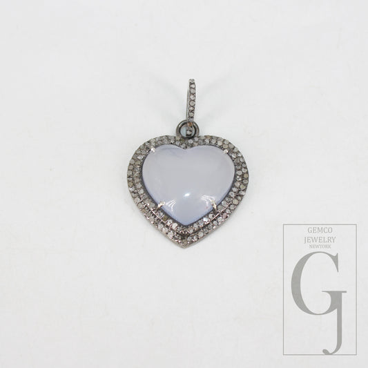 Heart shape Chalcedony pendant designer Rosecut pave diamond pendant 925 sterling silver handmade finish diamond charms necklace pendant