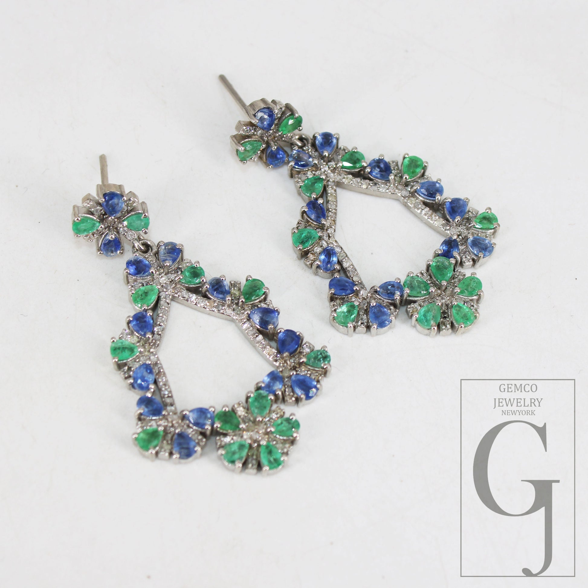 Beautiful Designer Emerald And Sapphire Earring Rosecut Pave Diamond Earrings 925 Sterling Silver Handmade Silver Finish Diamond Earring