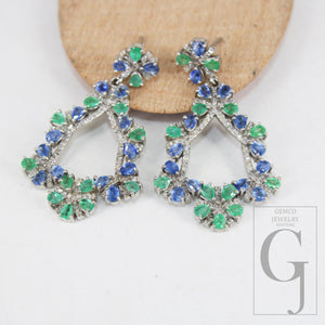 Beautiful Designer Emerald And Sapphire Earring Rosecut Pave Diamond Earrings 925 Sterling Silver Handmade Silver Finish Diamond Earring