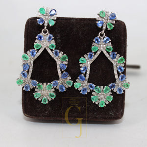 Beautiful Designer Emerald And Sapphire Earring Rosecut Pave Diamond Earrings 925 Sterling Silver Handmade Silver Finish Diamond Earring