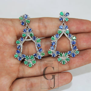 1 pair Beautiful designer emerald and sapphire earring Rosecut pave diamond earrings 925 sterling silver handmade silver finish diamond earring