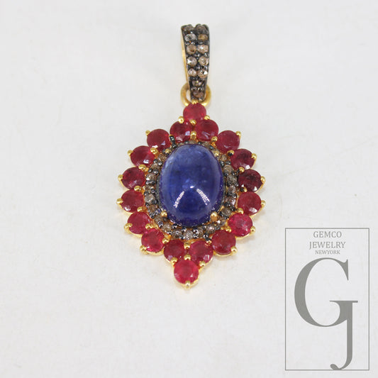 14k Finish Tanzanite And Ruby Pendant Designer Rosecut Pave Diamond Pendant Sterling 925 Silver Handmade Finish Diamond Necklace Pendant