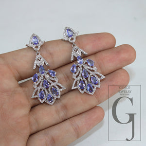 Beautiful Designer AA Natural Tanzanite Earring Rosecut Pave Diamond Earrings 925 Sterling Silver Handmade Silver Finish Diamond Earring