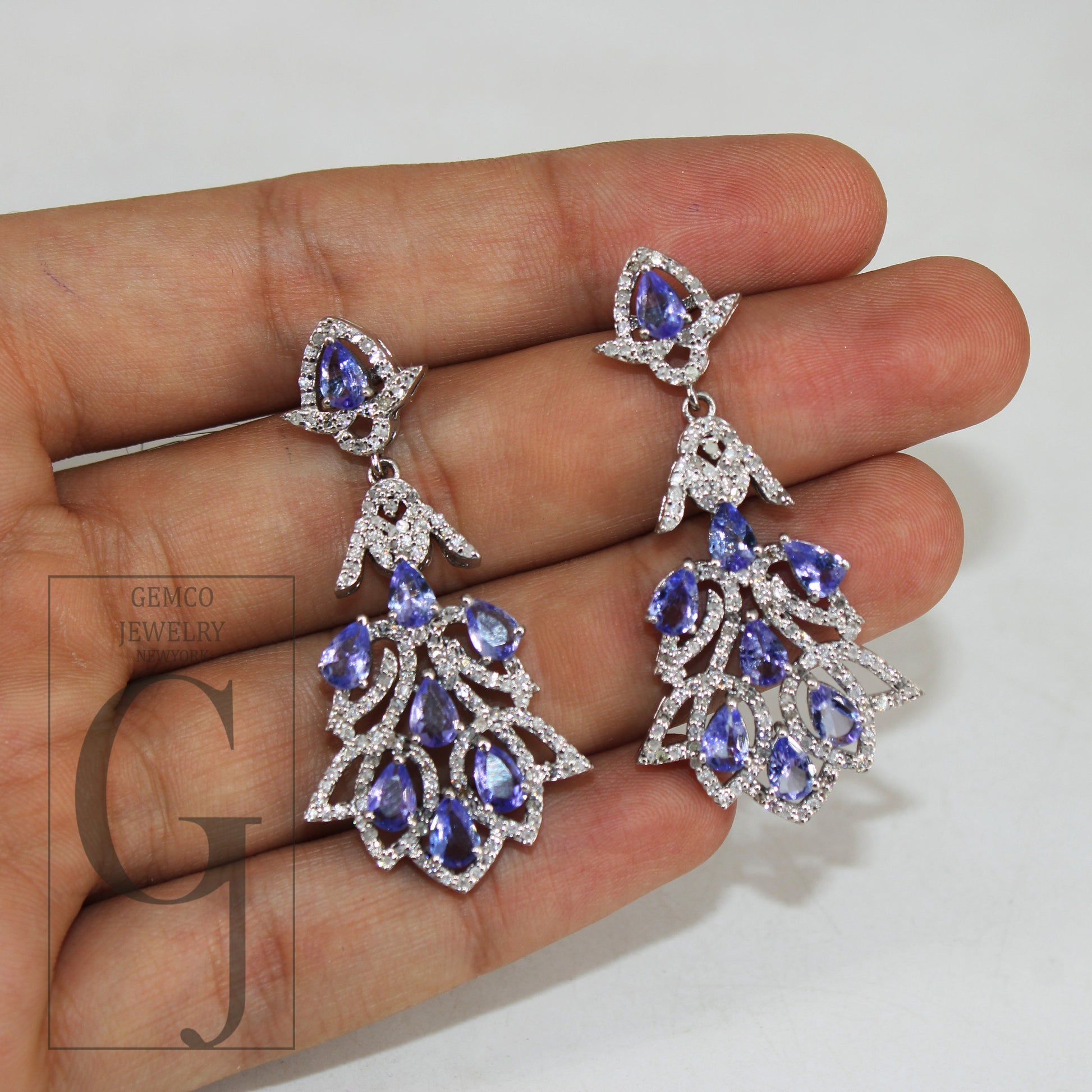 Beautiful Designer AA Natural Tanzanite Earring Rosecut Pave Diamond Earrings 925 Sterling Silver Handmade Silver Finish Diamond Earring