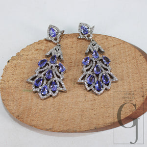 Beautiful Designer AA Natural Tanzanite Earring Rosecut Pave Diamond Earrings 925 Sterling Silver Handmade Silver Finish Diamond Earring