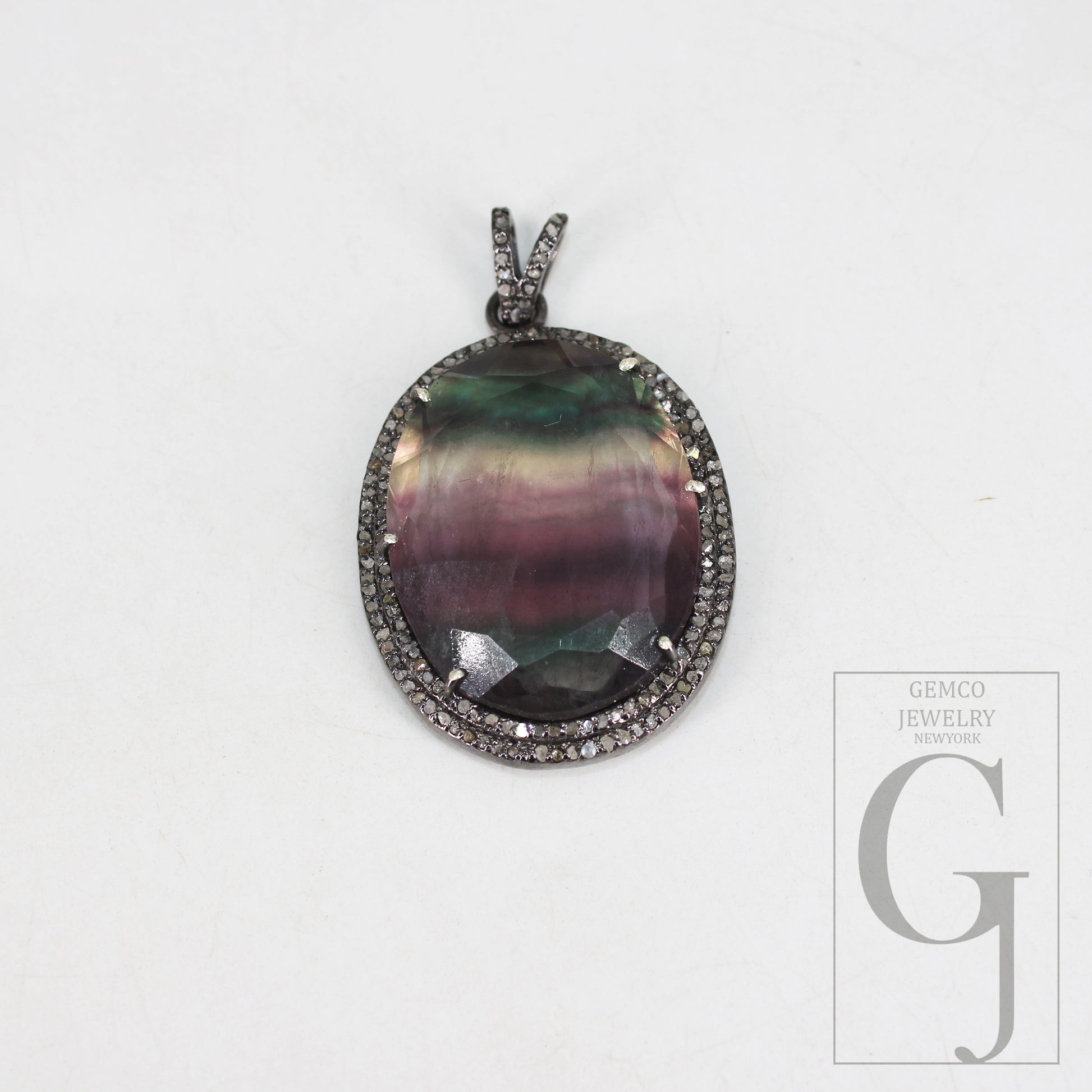 One of a kind Fluorite pendant designer Rosecut pave diamond pendant 925 sterling silver handmade finish diamond charms necklace pendant