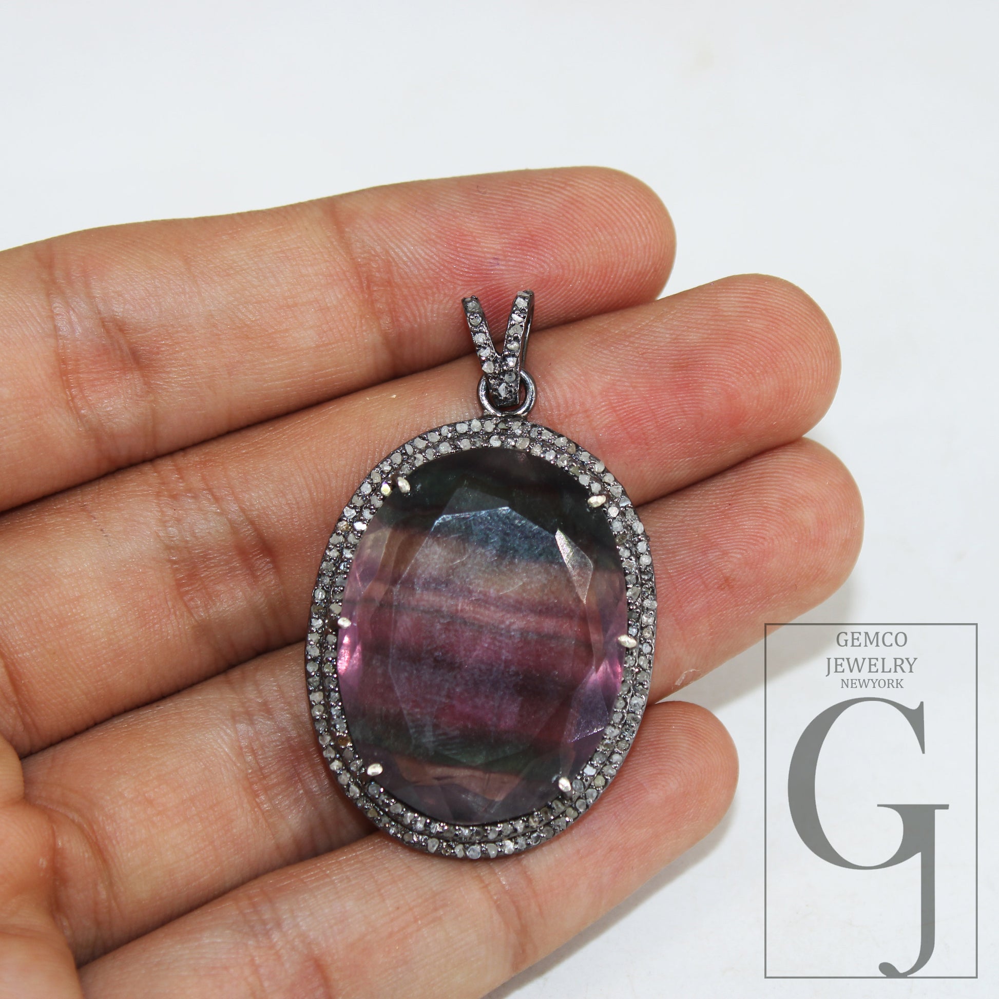 One of a kind Fluorite pendant designer Rosecut pave diamond pendant 925 sterling silver handmade finish diamond charms necklace pendant