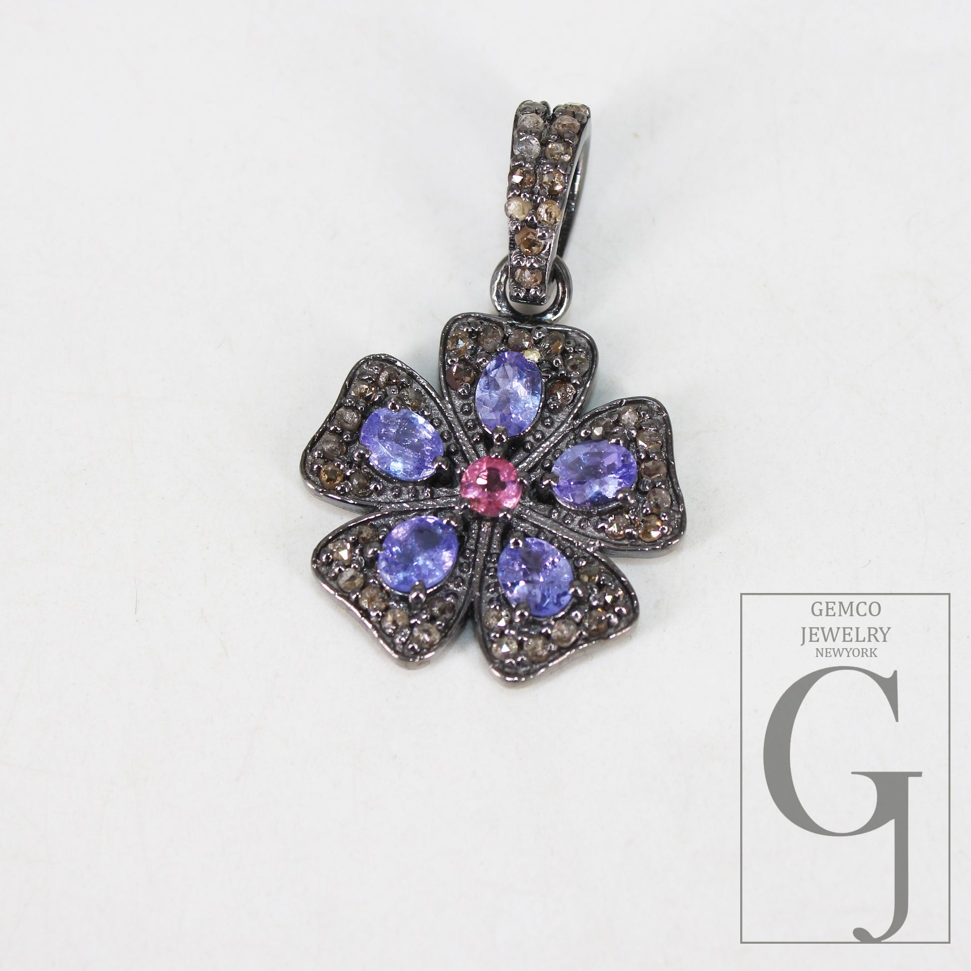 Antique Look Tanzanite Flower Pendant Designer Rosecut Pave Diamond Pendant 925 Sterling Silver Handmade Finish Diamond Necklace Pendant