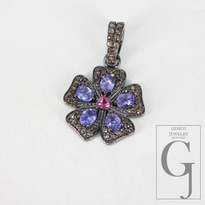 Antique Look Tanzanite Flower Pendant Designer Rosecut Pave Diamond Pendant 925 Sterling Silver Handmade Finish Diamond Necklace Pendant