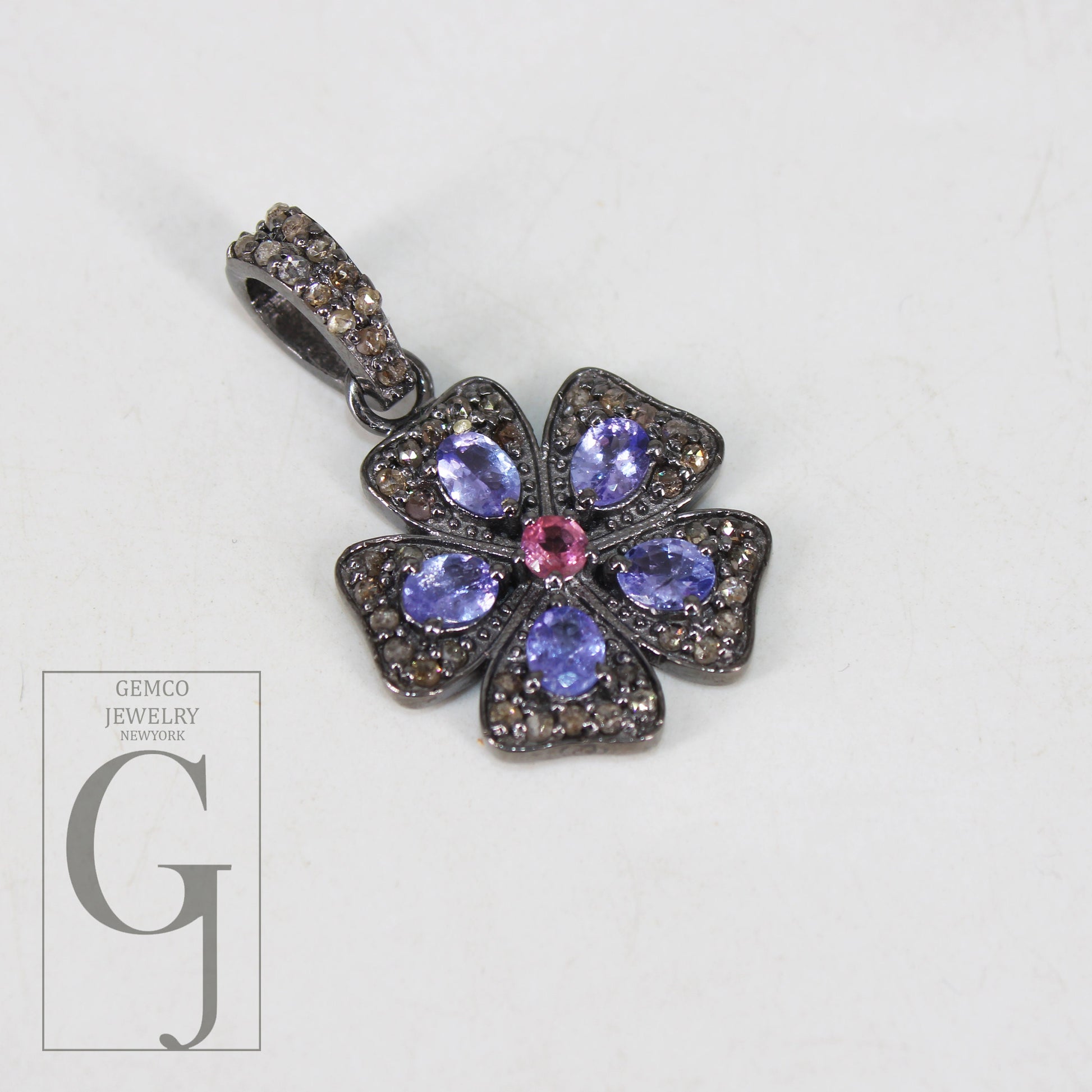 Antique Look Tanzanite Flower Pendant Designer Rosecut Pave Diamond Pendant 925 Sterling Silver Handmade Finish Diamond Necklace Pendant