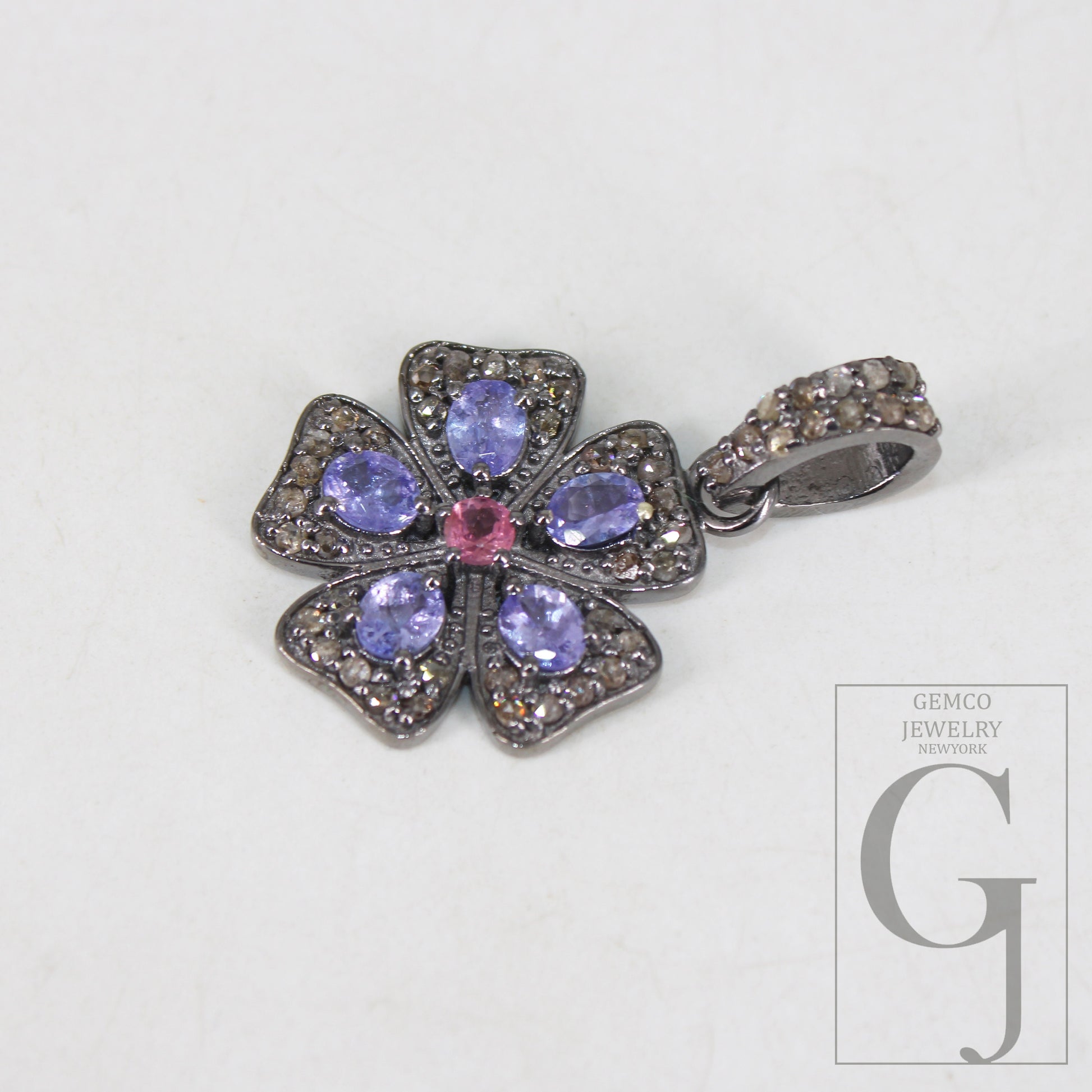 Antique Look Tanzanite Flower Pendant Designer Rosecut Pave Diamond Pendant 925 Sterling Silver Handmade Finish Diamond Necklace Pendant
