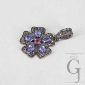 Antique Look Tanzanite Flower Pendant Designer Rosecut Pave Diamond Pendant 925 Sterling Silver Handmade Finish Diamond Necklace Pendant