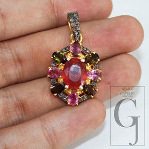 14k Finish Multi Tourmaline Ruby Pendant Designer Rosecut Pave Diamond Pendant Sterling 925 Silver Handmade Finish Diamond Necklace Pendant