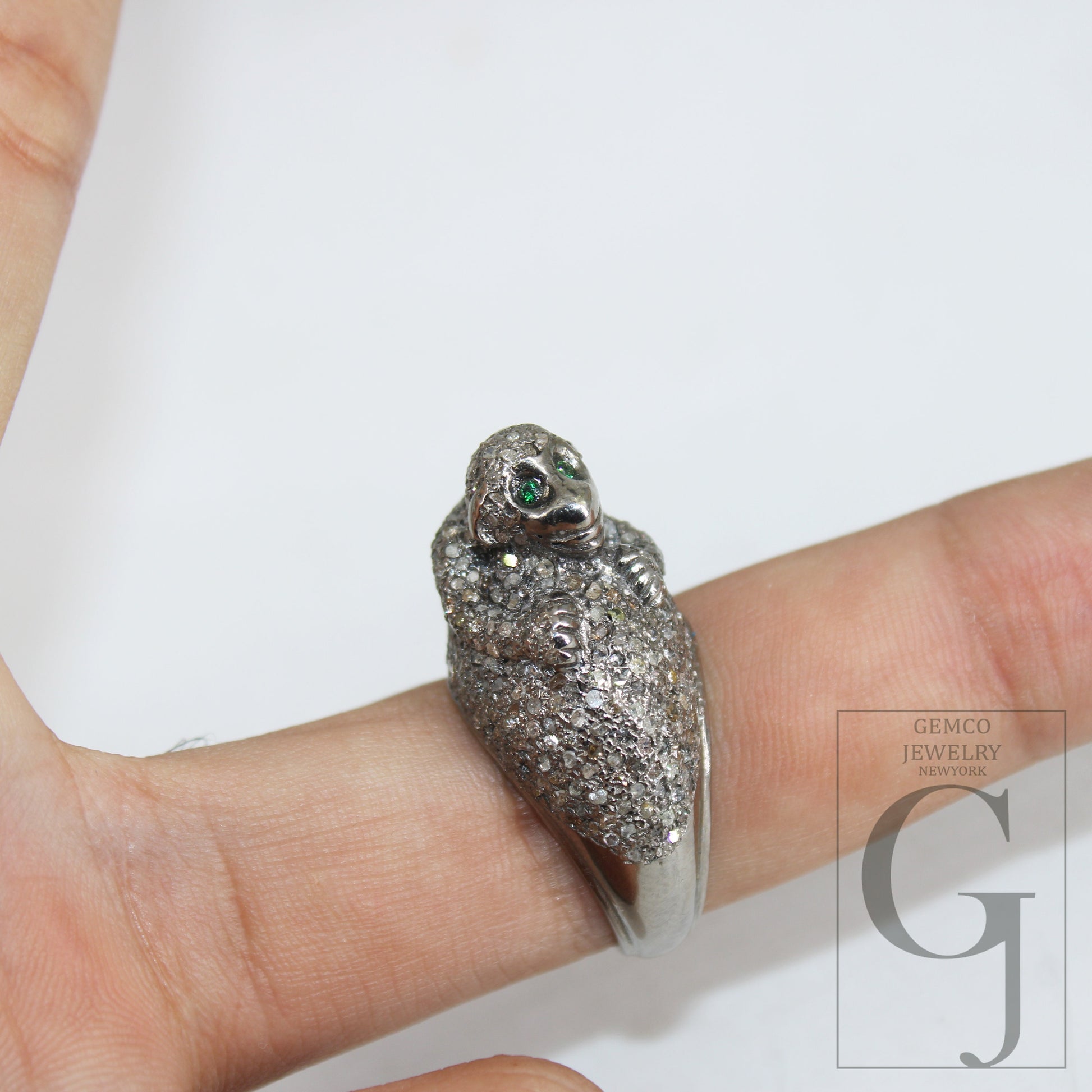 Antique Finish Monkey Ring Designer Rosecut Pave Diamond Rings 925 Sterling Silver Handmade Silver Finish Diamond Ring