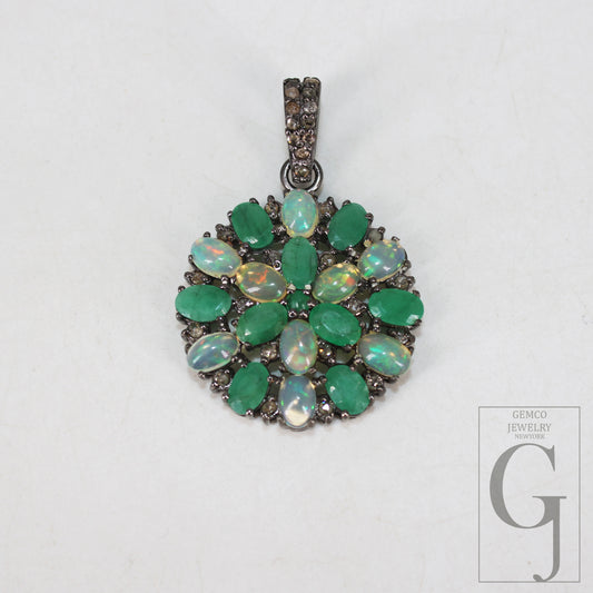 Beautiful emerald Opal designer pendant  Rosecut pave diamond pendant 925 sterling silver handmade finish diamond charms necklace pendant