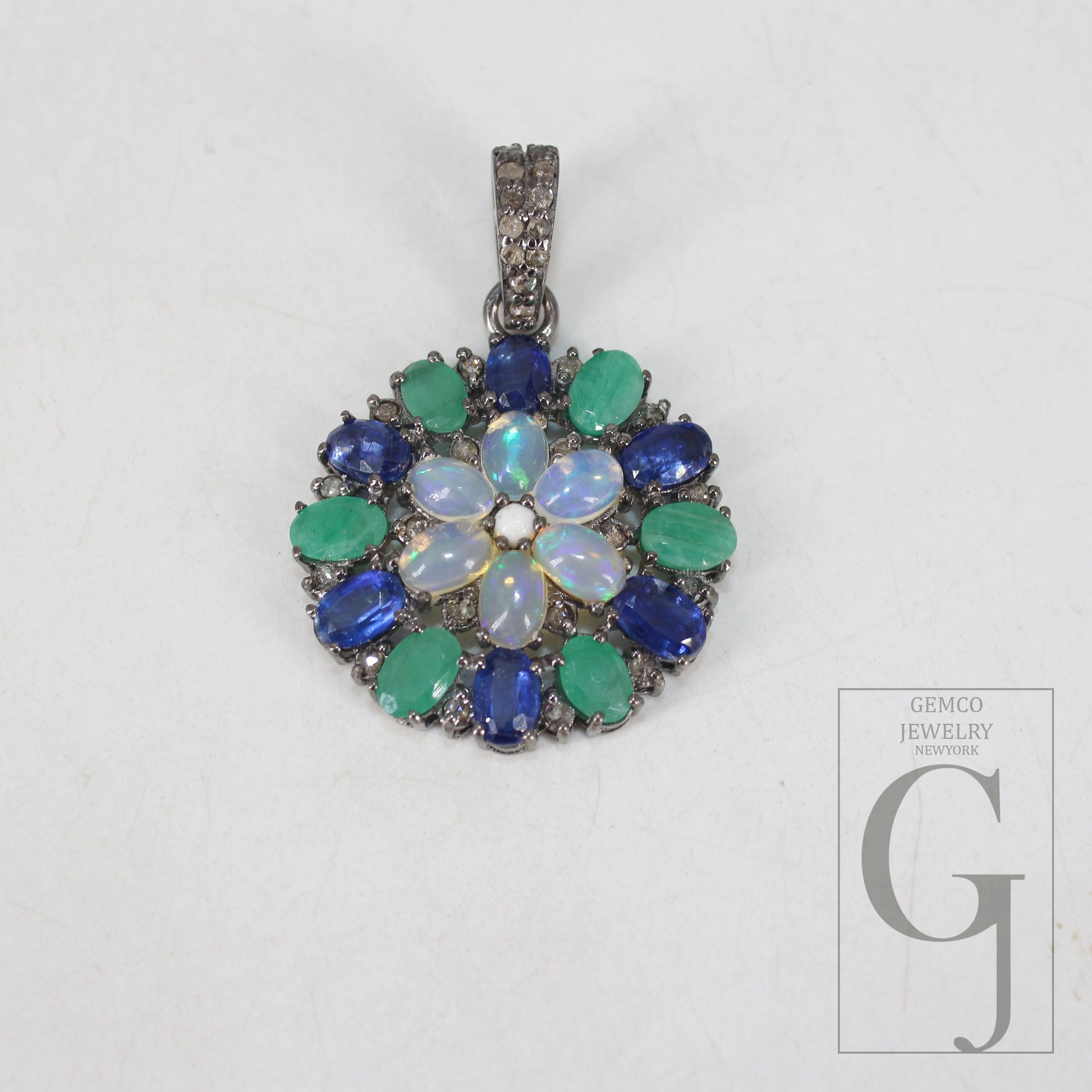 Flower Opal Emerald Kyanite Pendant Designer Rosecut Pave Diamond Pendant 925 Sterling Silver Handmade Finish Diamond Charm Necklace Pendant