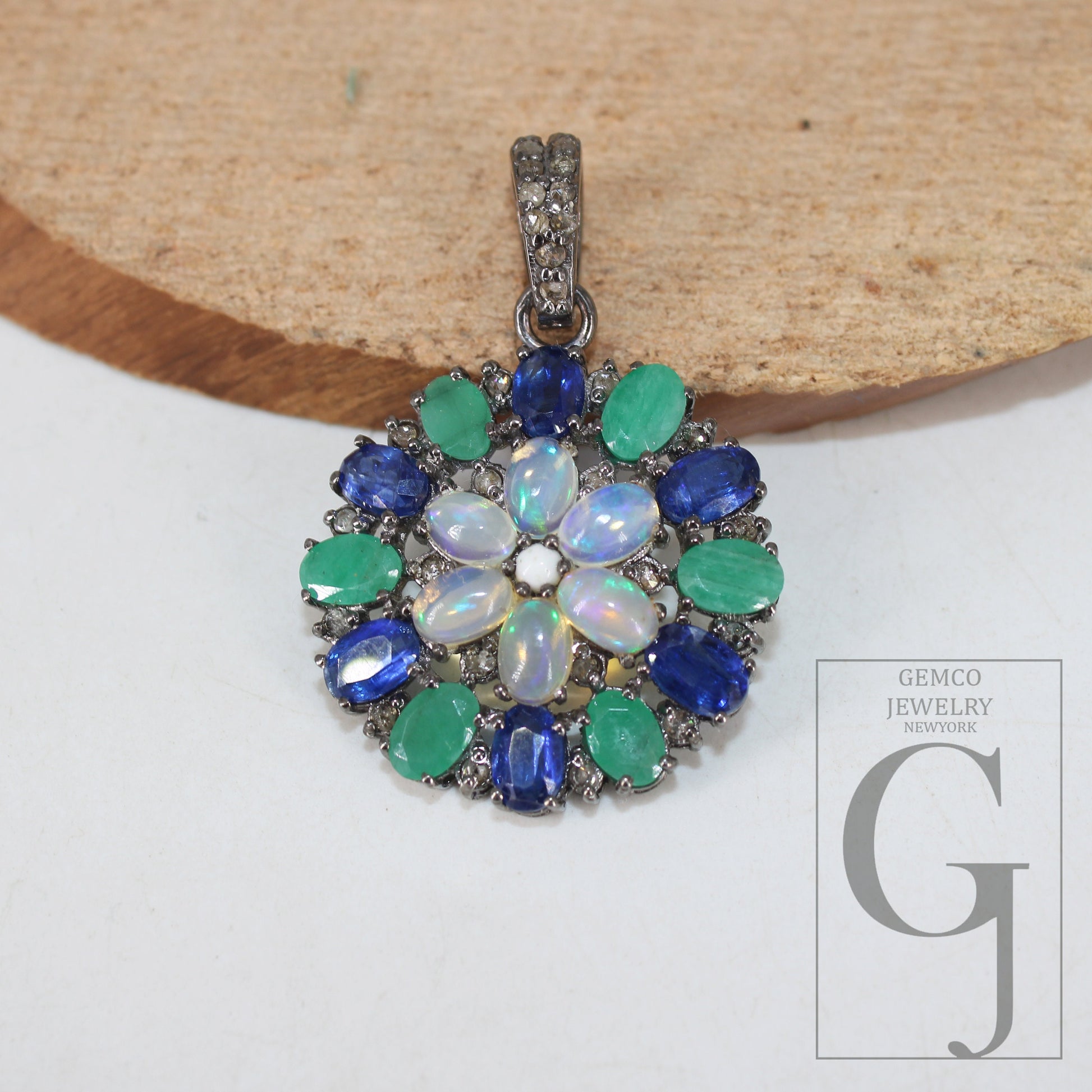Flower Opal Emerald Kyanite Pendant Designer Rosecut Pave Diamond Pendant 925 Sterling Silver Handmade Finish Diamond Charm Necklace Pendant