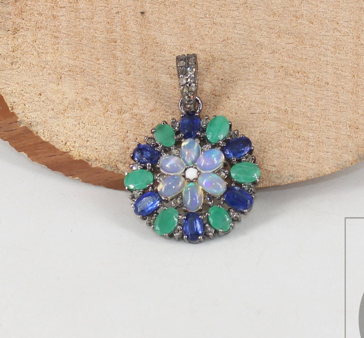 Flower Opal Emerald Kyanite Pendant Designer Rosecut Pave Diamond Pendant 925 Sterling Silver Handmade Finish Diamond Charm Necklace Pendant