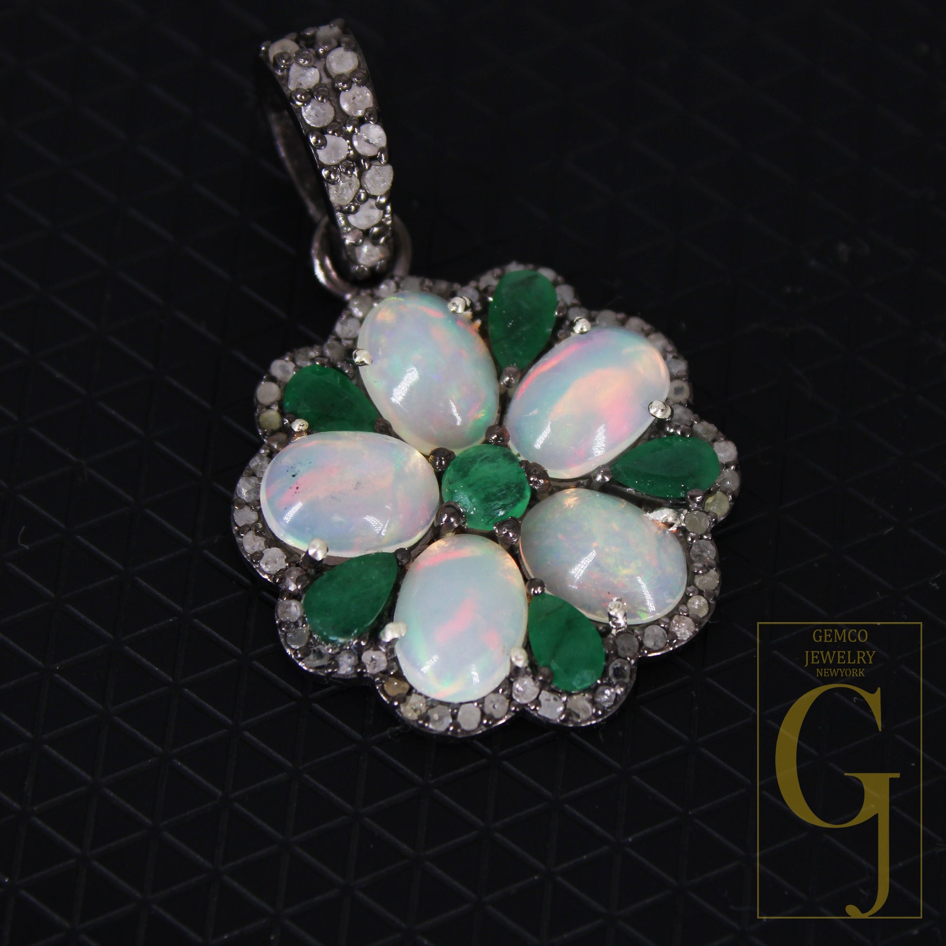 Emerald Opal designer flower pendant  Rosecut pave diamond pendant 925 sterling silver handmade finish diamond charms necklace pendant