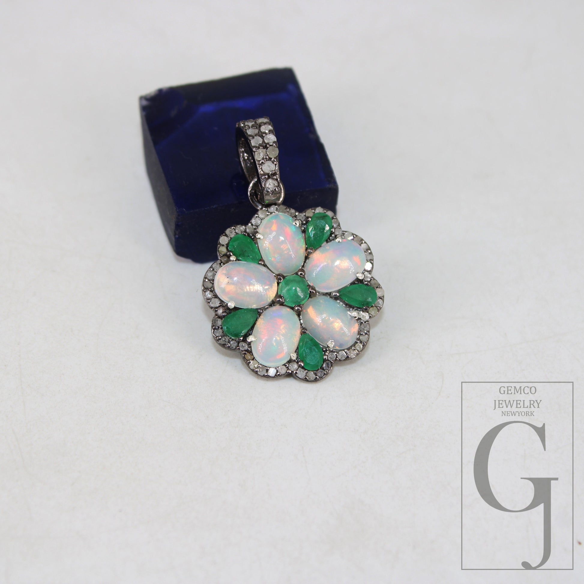 Emerald Opal designer flower pendant  Rosecut pave diamond pendant 925 sterling silver handmade finish diamond charms necklace pendant
