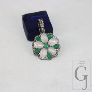 Emerald Opal designer flower pendant  Rosecut pave diamond pendant 925 sterling silver handmade finish diamond charms necklace pendant