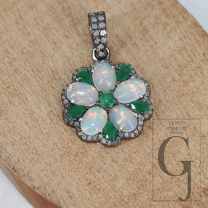 Emerald Opal designer flower pendant  Rosecut pave diamond pendant 925 sterling silver handmade finish diamond charms necklace pendant