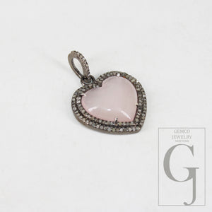 Heart shape Rose quartz pendant designer Rosecut pave diamond pendant 925 sterling silver handmade finish diamond charms necklace pendant