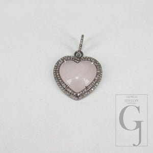 Heart shape Rose quartz pendant designer Rosecut pave diamond pendant 925 sterling silver handmade finish diamond charms necklace pendant