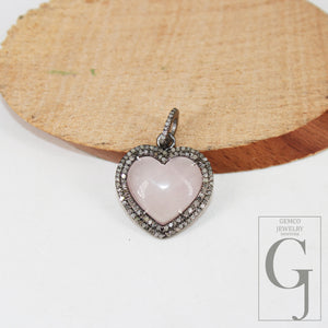 Heart shape Rose quartz pendant designer Rosecut pave diamond pendant 925 sterling silver handmade finish diamond charms necklace pendant