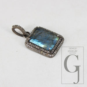 Antique Look Labradorite Pendant Designer Rosecut Pave Diamond 925 Sterling Silver Handmade Finish Pendent Diamond Charms Necklace Pendant
