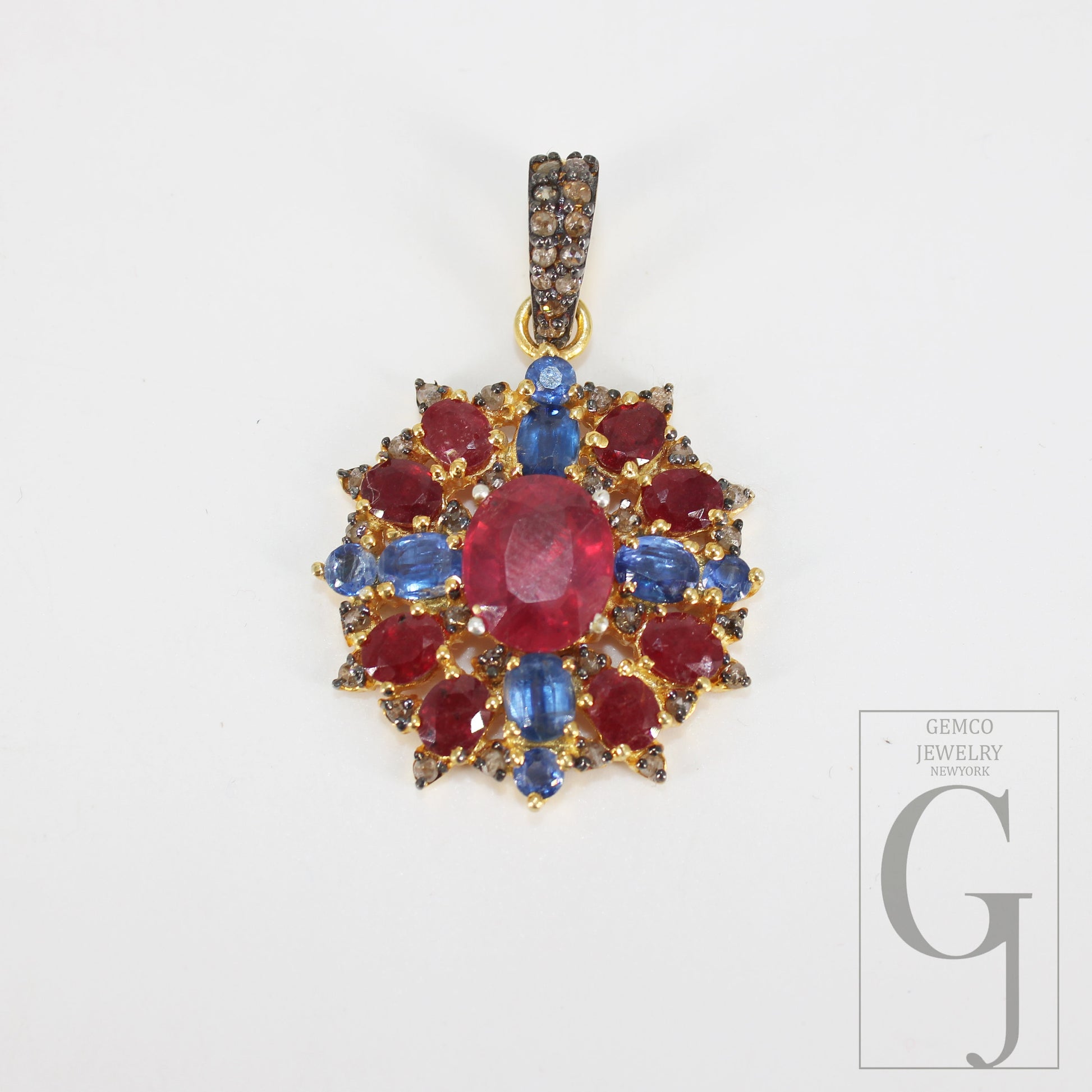 14k Gold Finish Ruby Kyanite Pendant Designer Rosecut Pave Diamond Pendant 925 Sterling Silver Handmade Finish Diamond Necklace Pendant