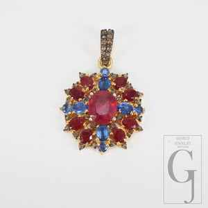 14k Gold Finish Ruby Kyanite Pendant Designer Rosecut Pave Diamond Pendant 925 Sterling Silver Handmade Finish Diamond Necklace Pendant