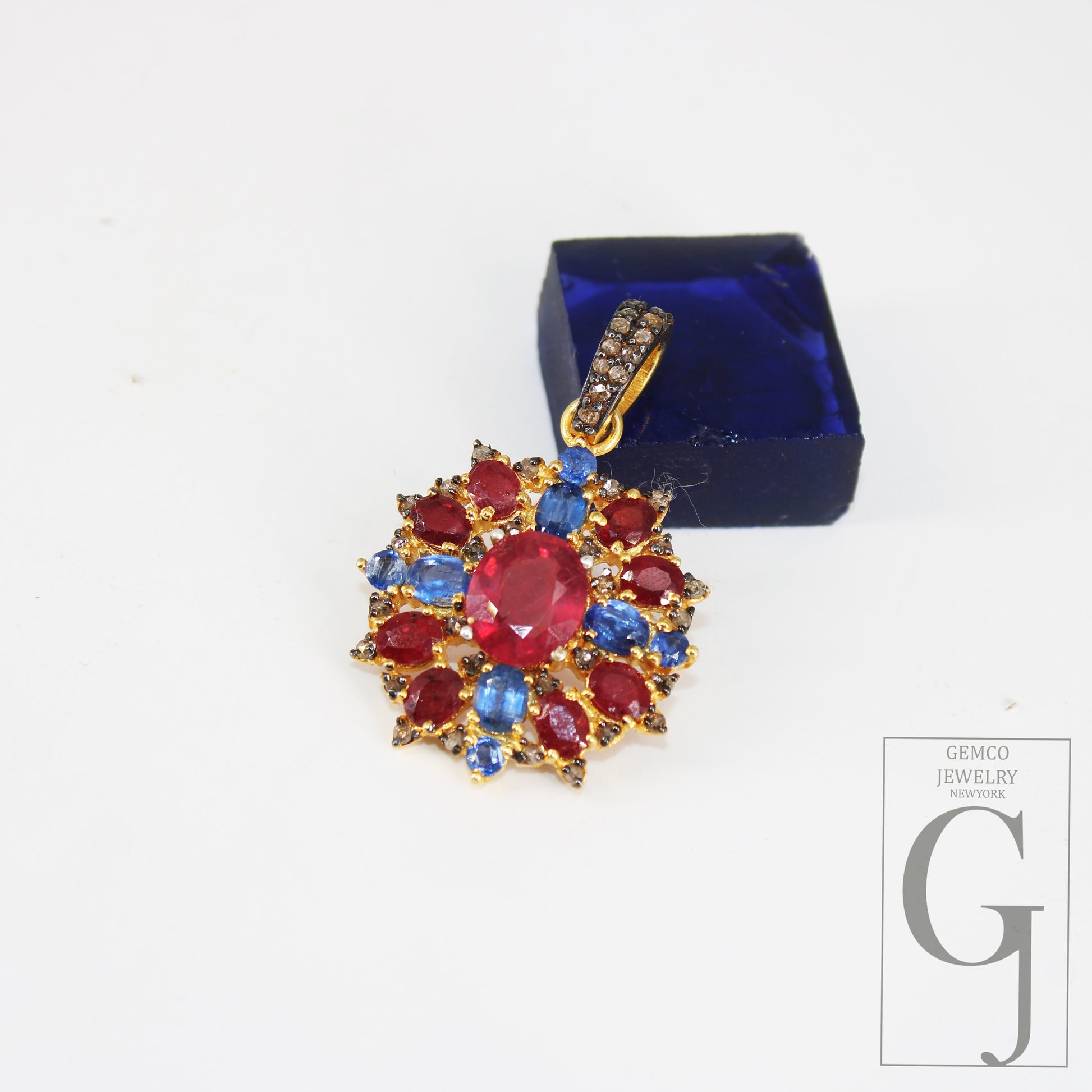 14k Gold Finish Ruby Kyanite Pendant Designer Rosecut Pave Diamond Pendant 925 Sterling Silver Handmade Finish Diamond Necklace Pendant