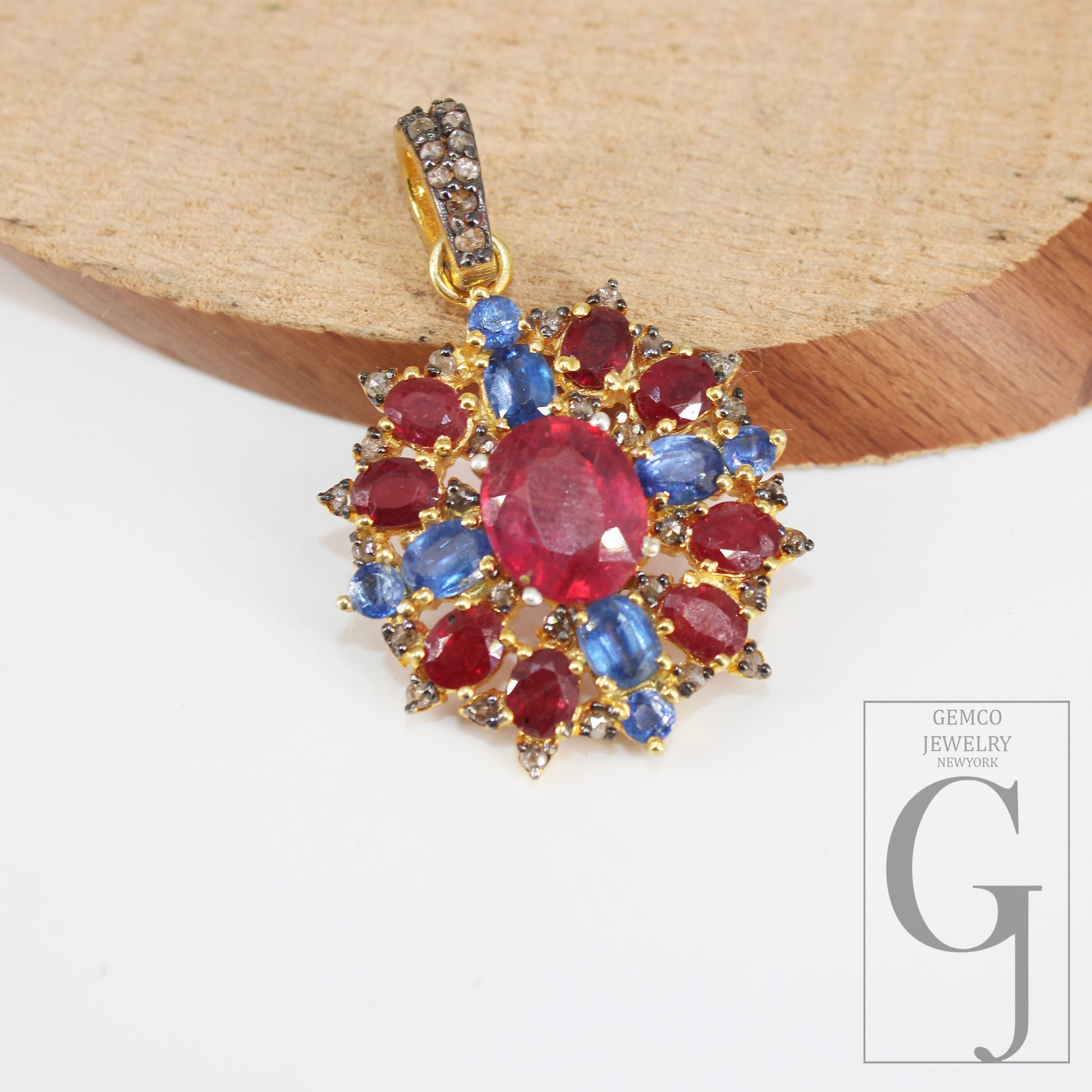 14k Gold Finish Ruby Kyanite Pendant Designer Rosecut Pave Diamond Pendant 925 Sterling Silver Handmade Finish Diamond Necklace Pendant