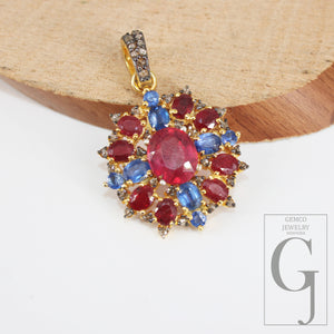 14k Gold Finish Ruby Kyanite Pendant Designer Rosecut Pave Diamond Pendant 925 Sterling Silver Handmade Finish Diamond Necklace Pendant