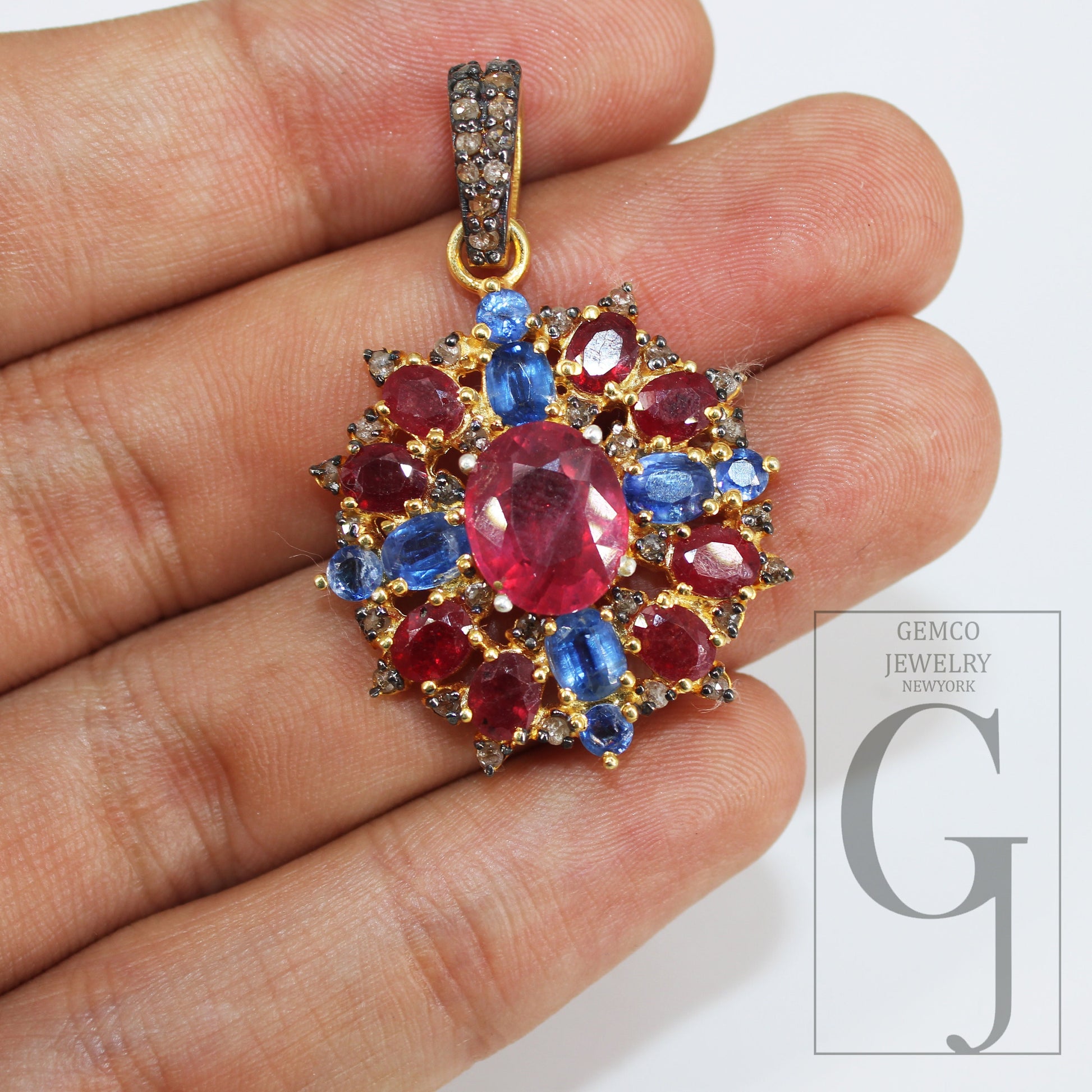 14k Gold Finish Ruby Kyanite Pendant Designer Rosecut Pave Diamond Pendant 925 Sterling Silver Handmade Finish Diamond Necklace Pendant