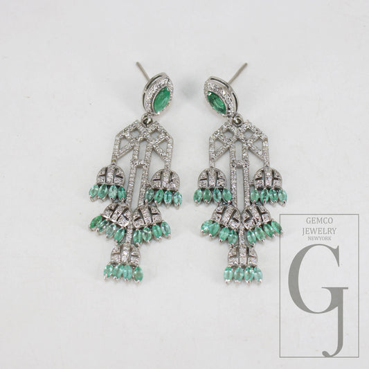 Beautiful natural Zambian mine emerald stone designer earring Rosecut pave diamond 925 sterling silver finish handmade diamond earring