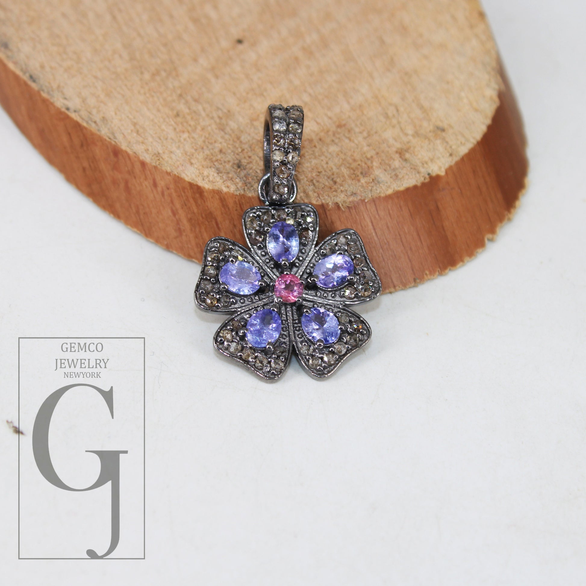 Antique Look Tanzanite Flower Pendant Designer Rosecut Pave Diamond Pendant 925 Sterling Silver Handmade Finish Diamond Necklace Pendant