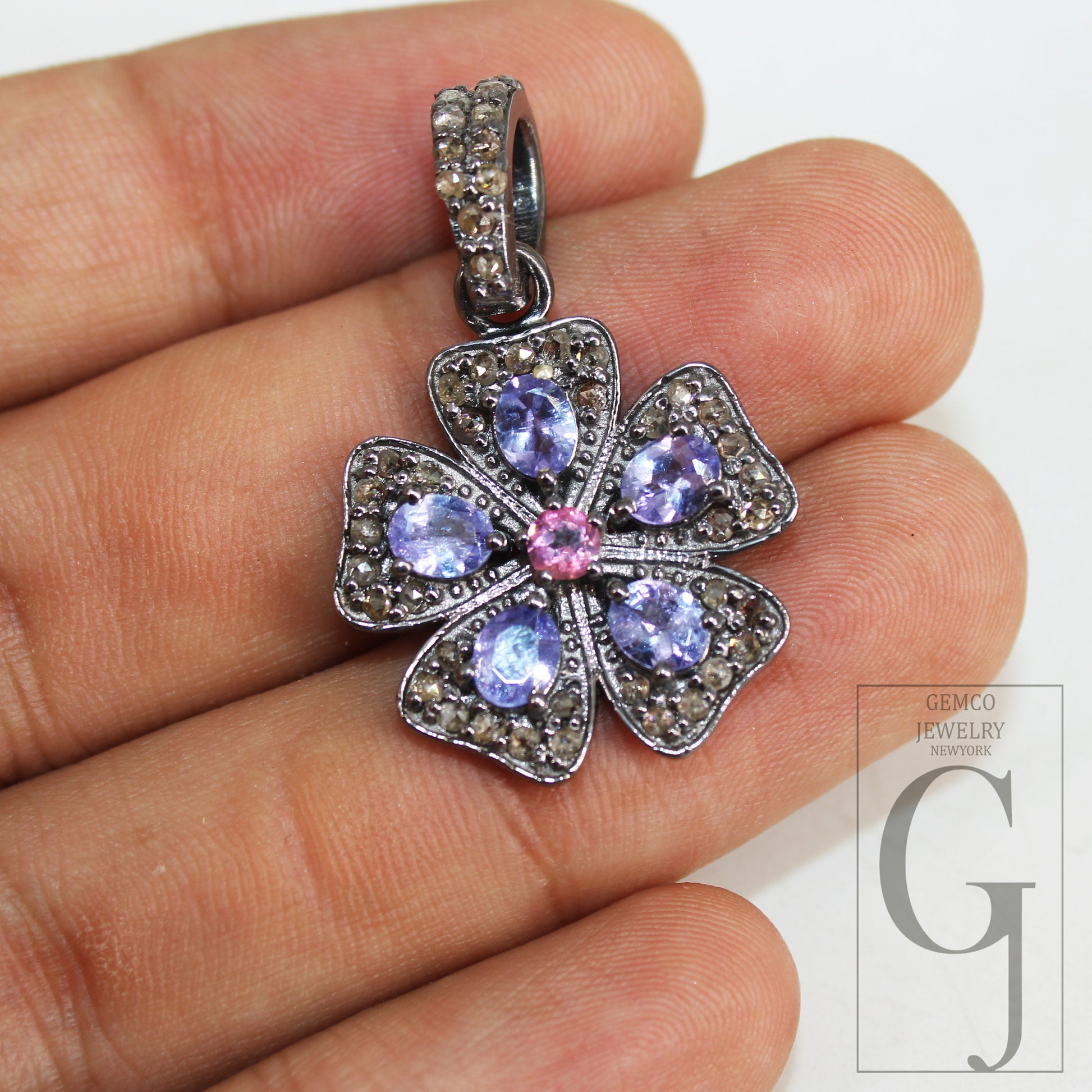 Antique Look Tanzanite Flower Pendant Designer Rosecut Pave Diamond Pendant 925 Sterling Silver Handmade Finish Diamond Necklace Pendant