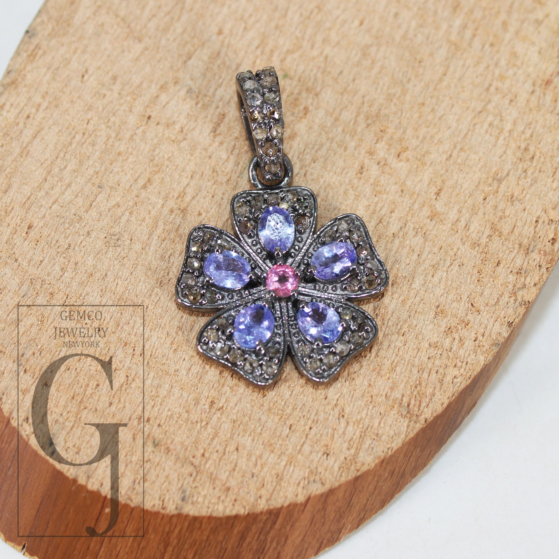 Antique Look Tanzanite Flower Pendant Designer Rosecut Pave Diamond Pendant 925 Sterling Silver Handmade Finish Diamond Necklace Pendant