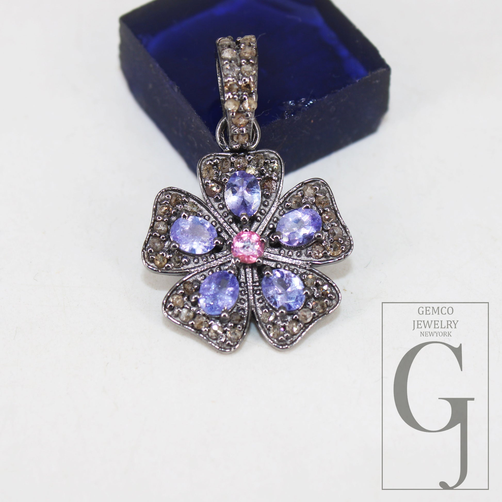 Antique Look Tanzanite Flower Pendant Designer Rosecut Pave Diamond Pendant 925 Sterling Silver Handmade Finish Diamond Necklace Pendant