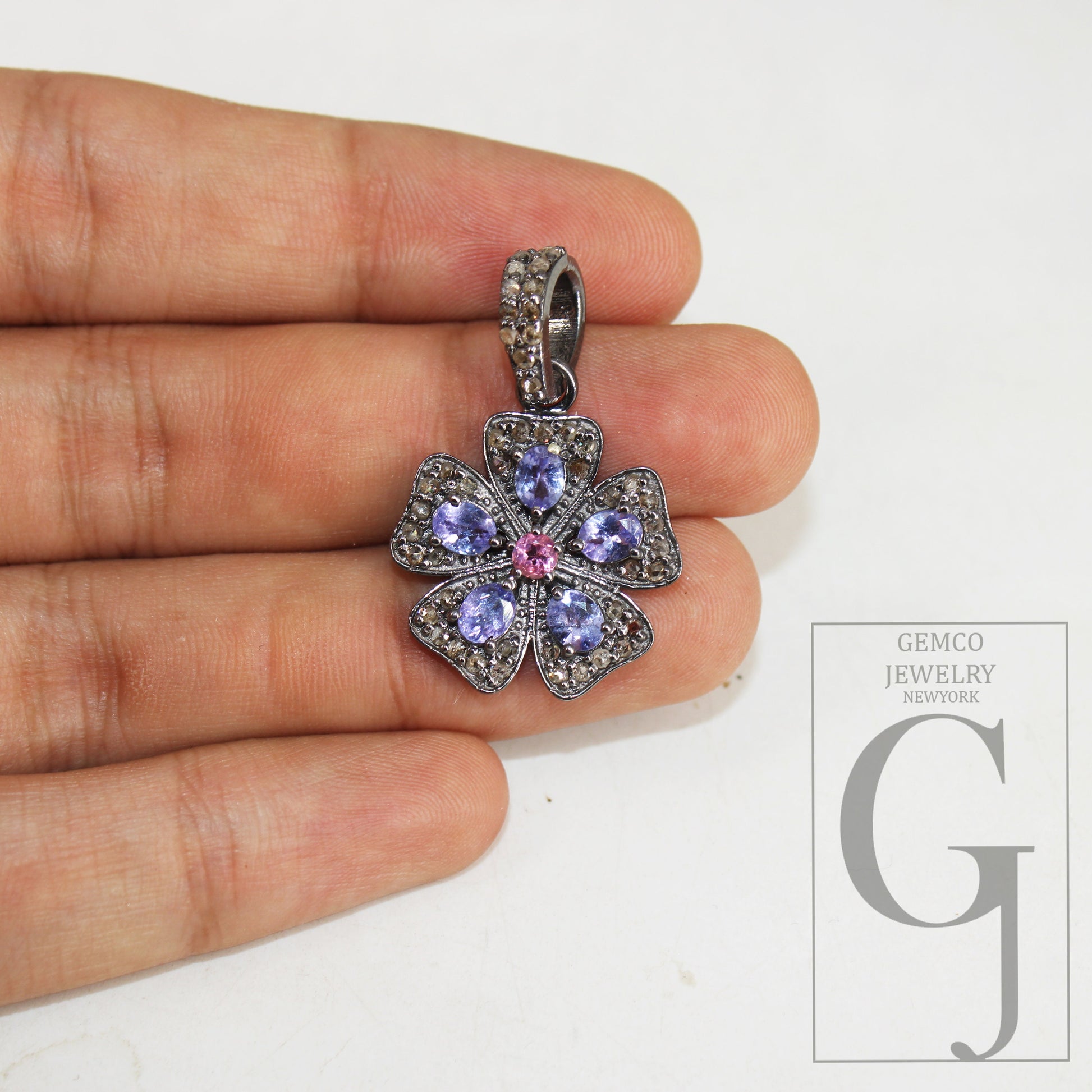 Antique Look Tanzanite Flower Pendant Designer Rosecut Pave Diamond Pendant 925 Sterling Silver Handmade Finish Diamond Necklace Pendant